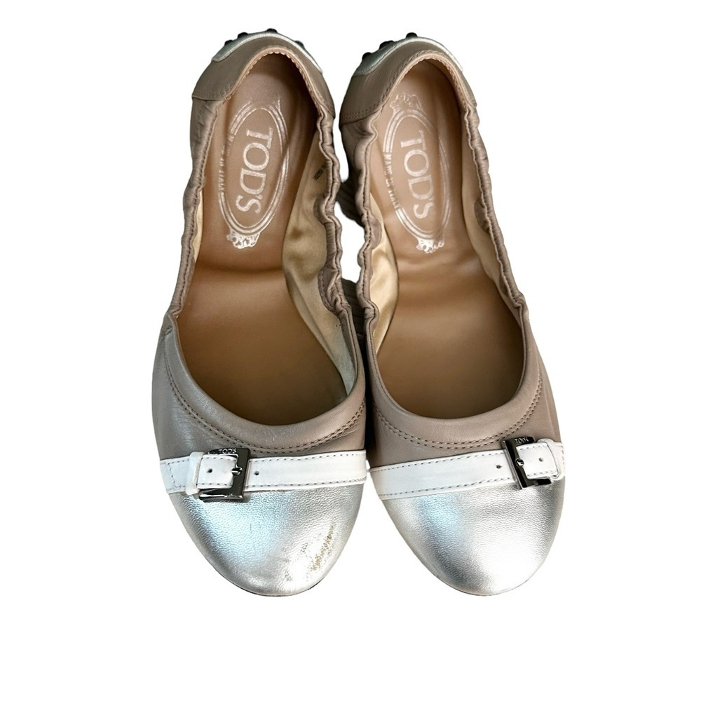 Tod’s | Silver Taupe Leather Scrunch Ballet Flats Size 37 - Picture 6 of 12